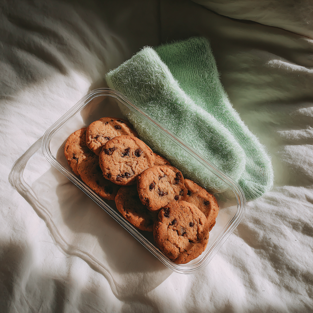 Un recipiente de galletas de chocolate y un par de calcetines peludos | Fuente: Midjourney