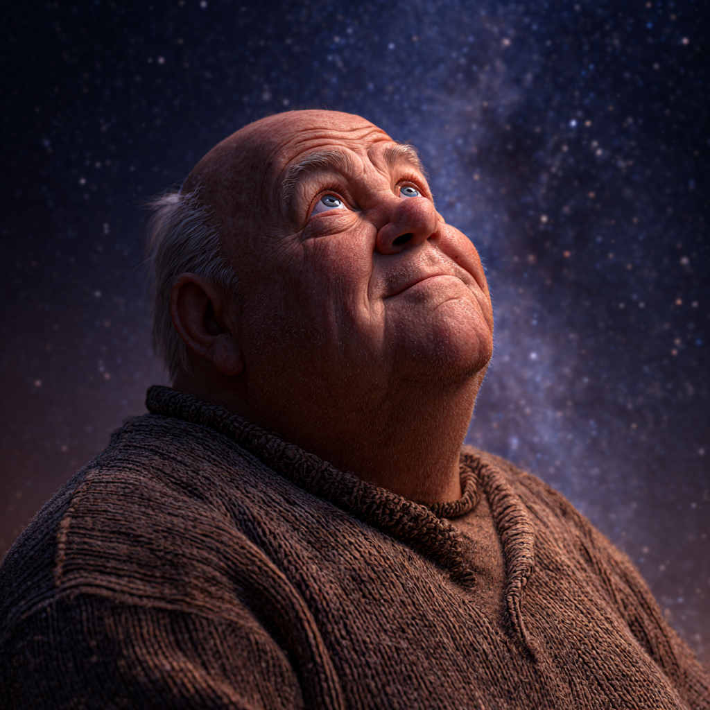 Un anciano encantado mirando al cielo estrellado | Fuente: Midjourney