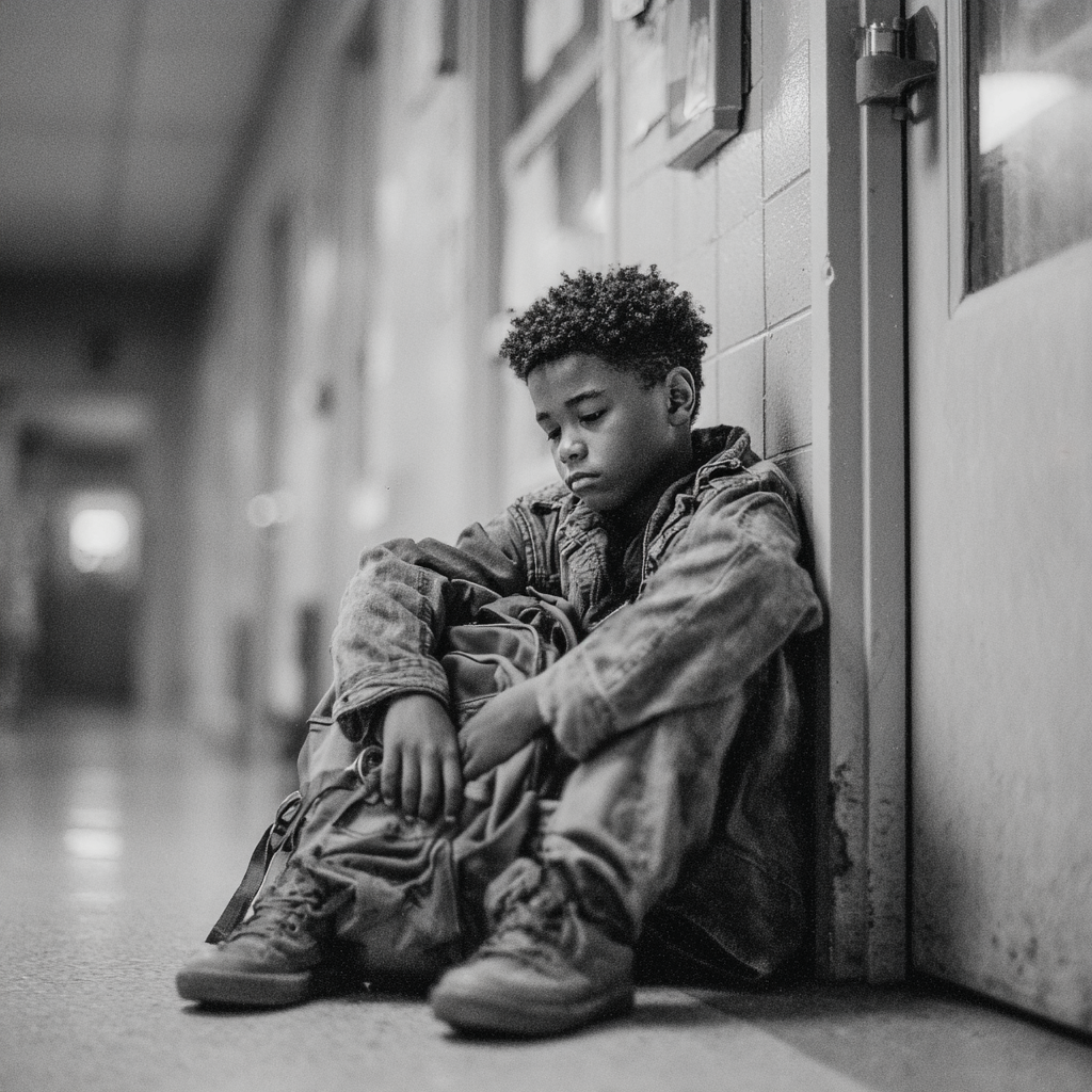 Un niño triste sentado en el suelo | Fuente: Midjourney