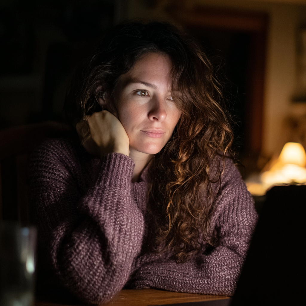 Una mujer utilizando su portátil por la noche | Fuente: Midjourney
