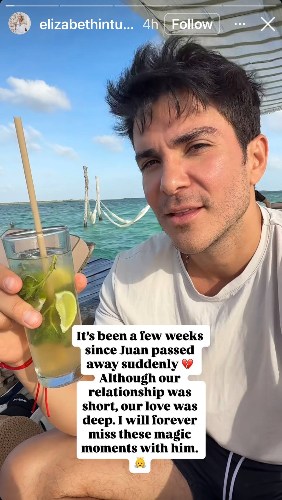 Imagen de Juan Carlos Ramírez acompañada por un mensaje de su novia, Elizabeth Schmidt | Fuente: Instagram Stories/elizabethintulum