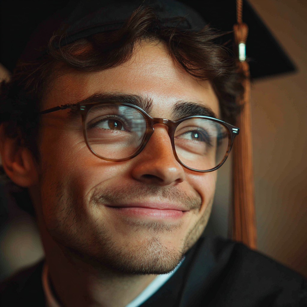 Un joven sonriente con su toga y birrete de graduación | Fuente: Midjourney
