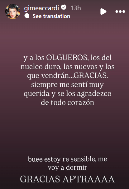 Comunicado de Gimena Accardi compartido en sus redes sociales tras conocerse las fotos de Nicolás Vázquez y Dai Fernández | Fuente: Instagram Stories/gimeaccardi