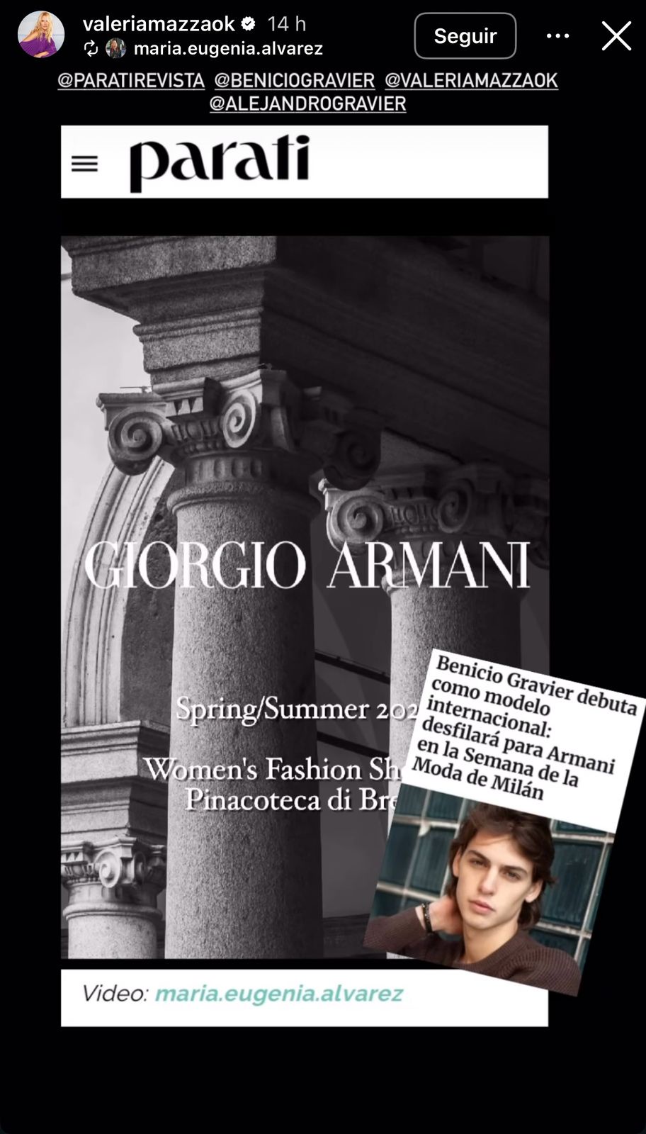 Valeria Mazza compartió lo que parece ser la portada de un artículo sobre el debut de Benicio| Fuente: Instagram Stories/valeriamazzaok