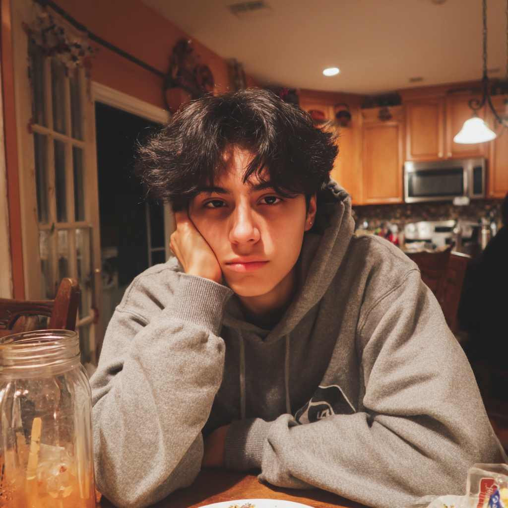 Un adolescente aburrido sentado a la mesa | Fuente: Midjourney