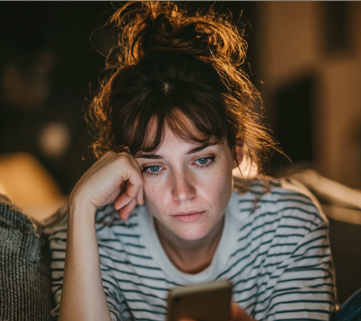 Una mujer sentada y utilizando su teléfono móvil | Fuente: Midjourney