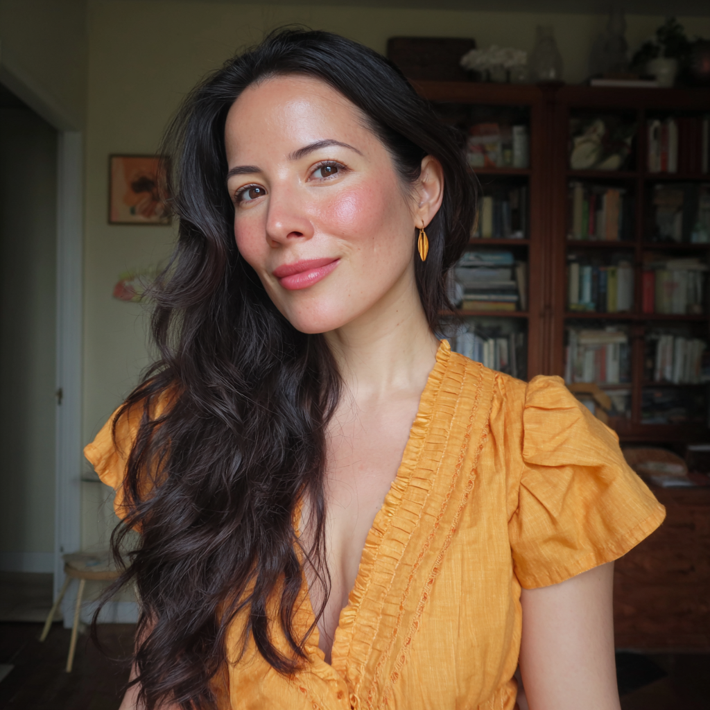 Una mujer sonriente con el pelo largo y castaño oscuro | Fuente: Midjourney