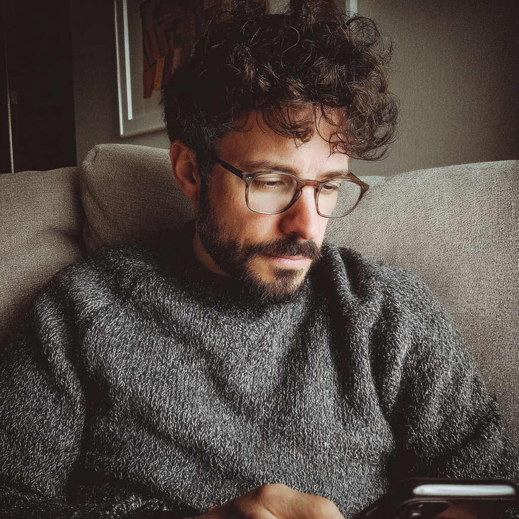 Un hombre sentado en un sofá y utilizando su teléfono | Fuente: Midjourney
