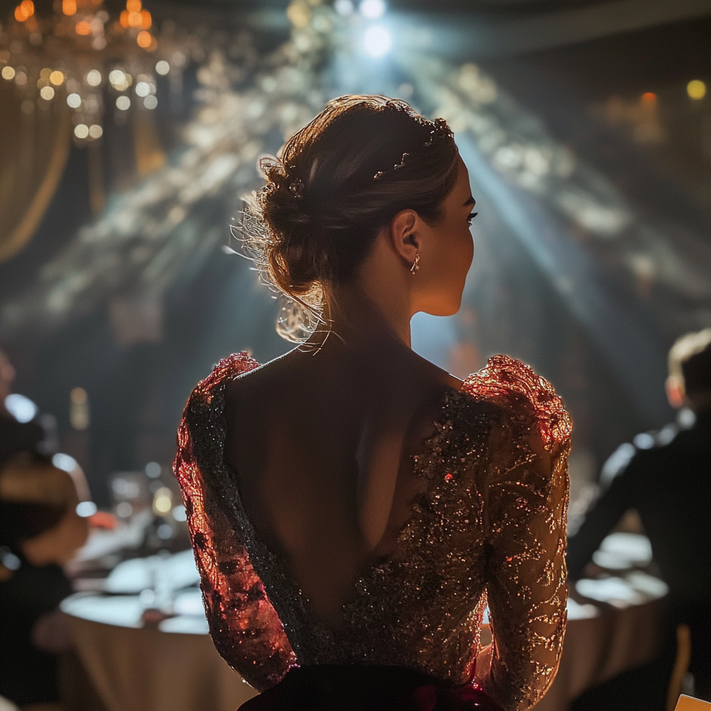 Mujer con un hermoso vestido asistiendo a una fiesta | Fuente: Midjourney