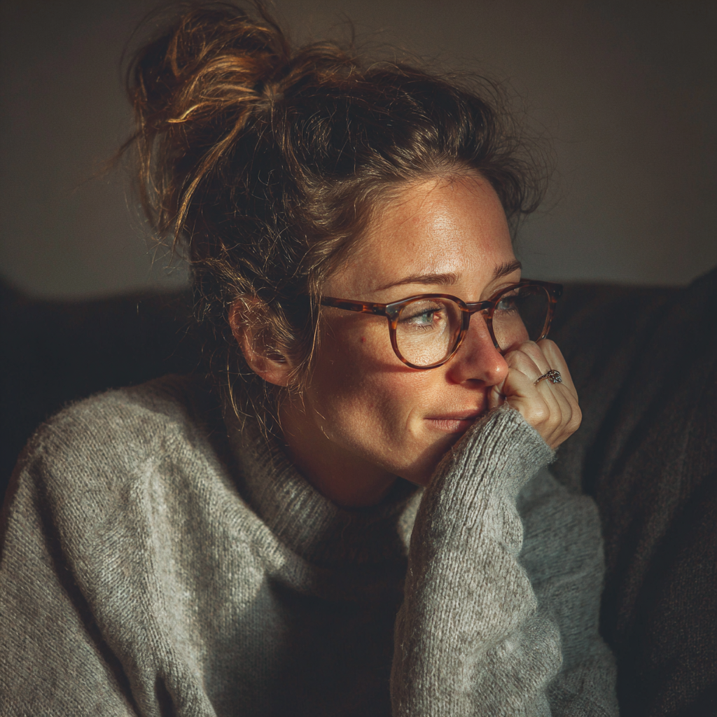 Una mujer emocional sentada en un sofá | Fuente: Midjourney