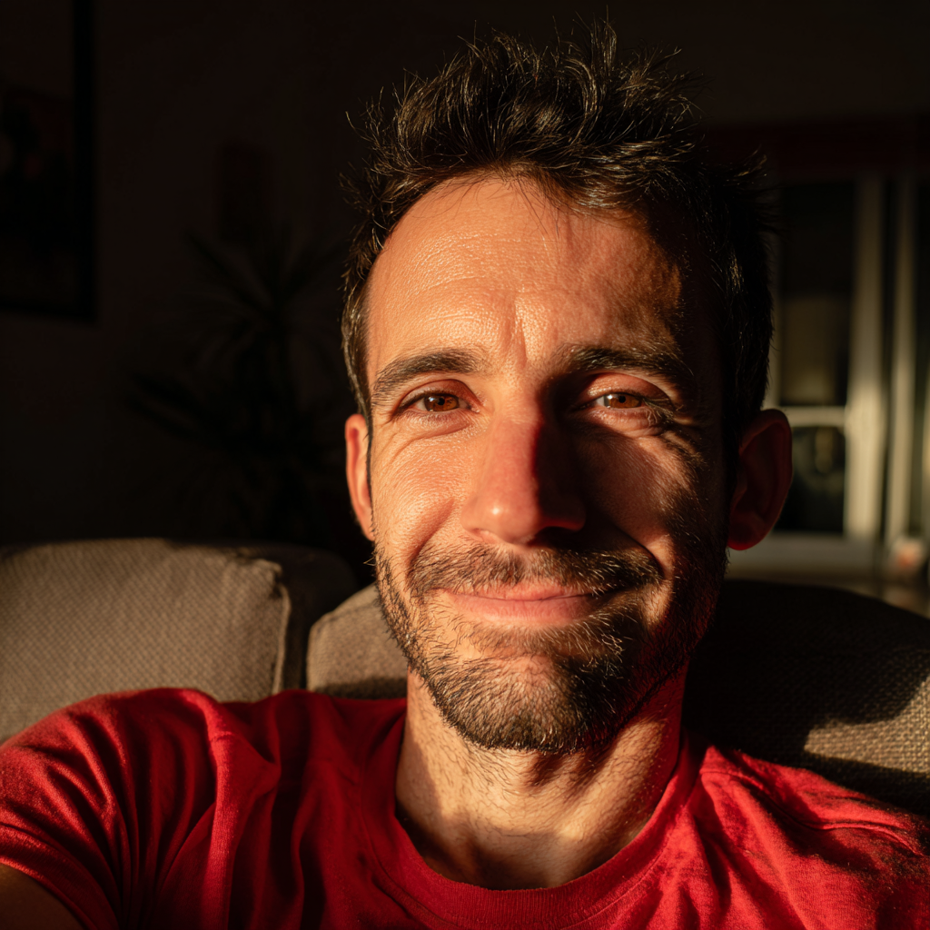 Un hombre sonriente sentado en un sofá | Fuente: Midjourney