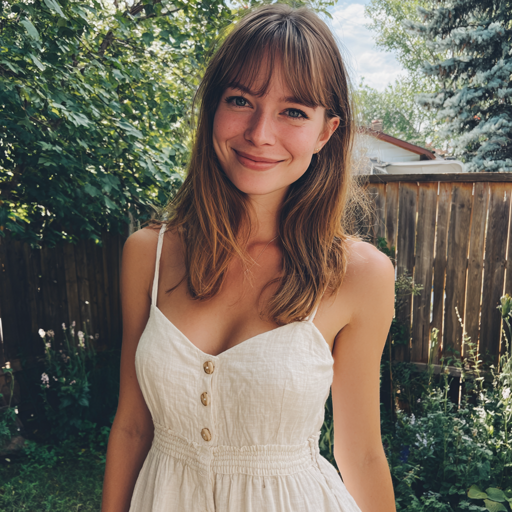 Una mujer sonriente con un vestido de lino blanco | Fuente: Midjourney