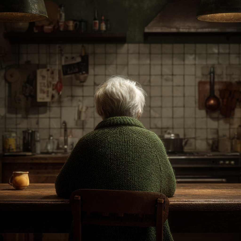 Una anciana sentada en la cocina | Fuente: Midjourney
