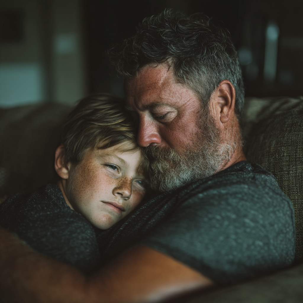 Un padre y su hijo abrazados | Fuente: Midjourney