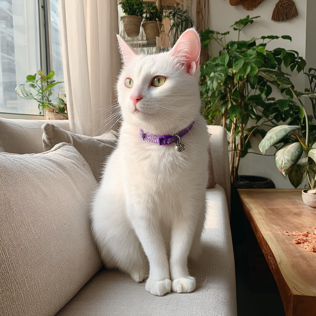 Un gato blanco sentado en un sofá | Fuente: Midjourney