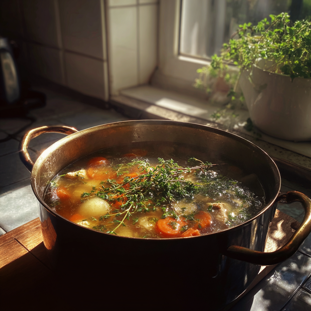 Una olla de sopa de pollo | Fuente: Midjourney