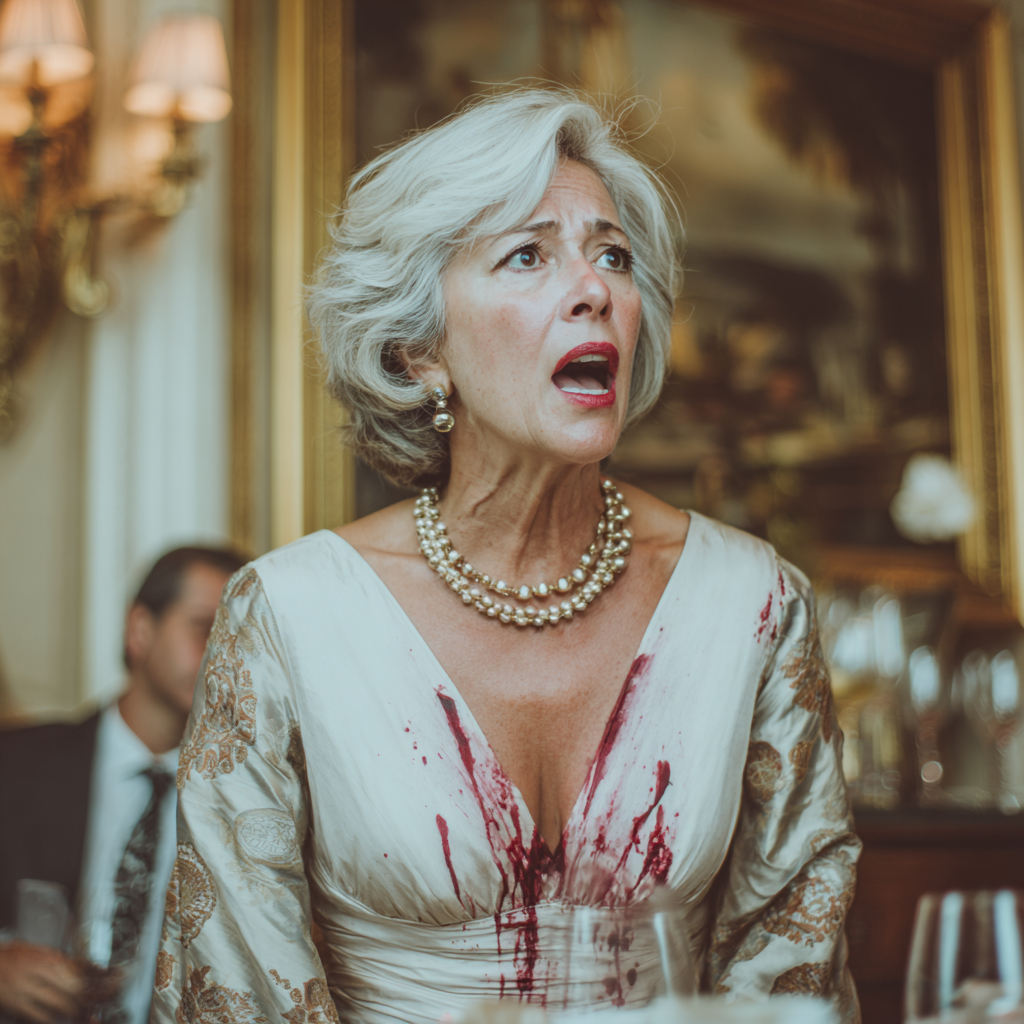 Una mujer conmocionada con una mancha de vino en el vestido | Fuente: Midjourney