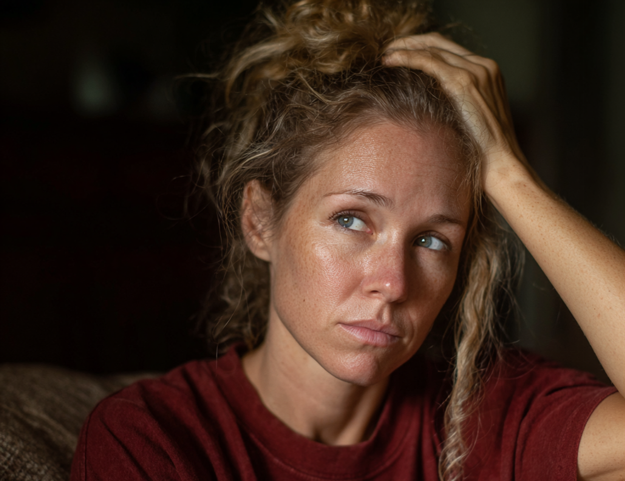 Una mujer con la mano en la cabeza | Fuente: Midjourney