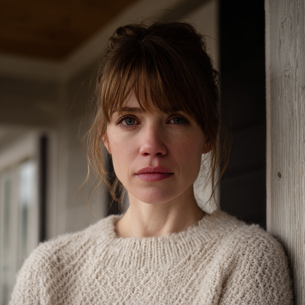 Una mujer pensativa con un jersey blanco | Fuente: Midjourney