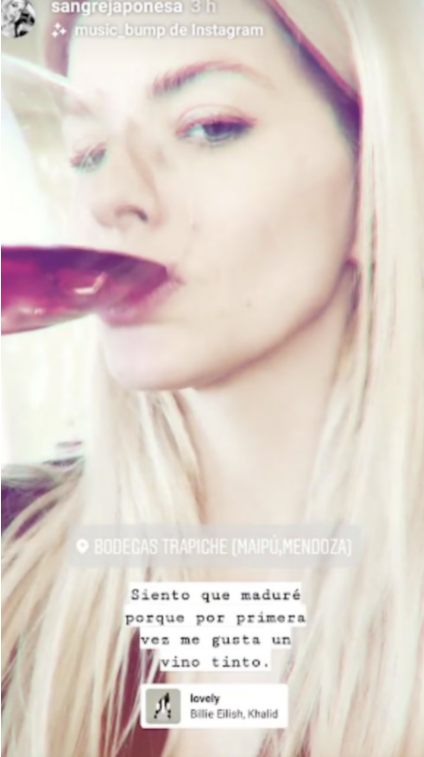 Publicación antigua de La China Suárez en la que se mostró tomando vino | Fuente: Instagram Stories/sangrejaponesa