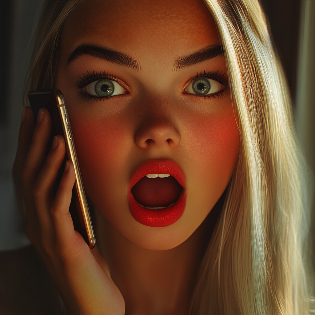Una mujer asustada sujetando su teléfono contra la oreja | Fuente: Midjourney