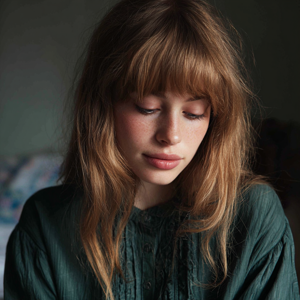 Una mujer emotiva con una blusa verde | Fuente: Midjourney