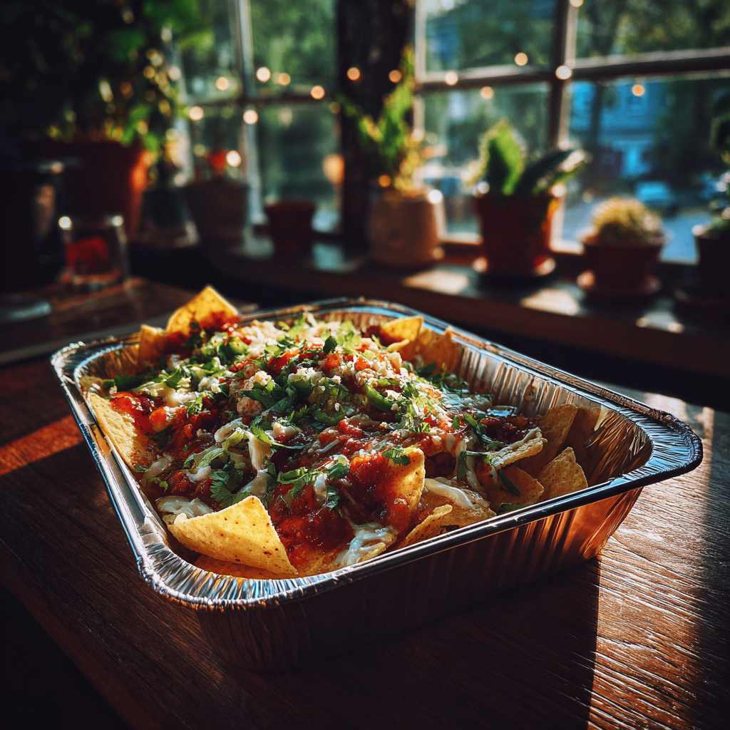 Un recipiente de nachos sobre una mesa | Fuente: Midjourney