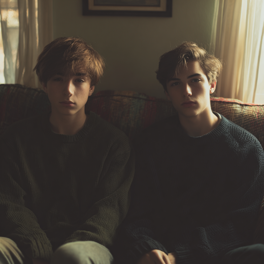 Niños gemelos sentados en un sofá | Fuente: Midjourney