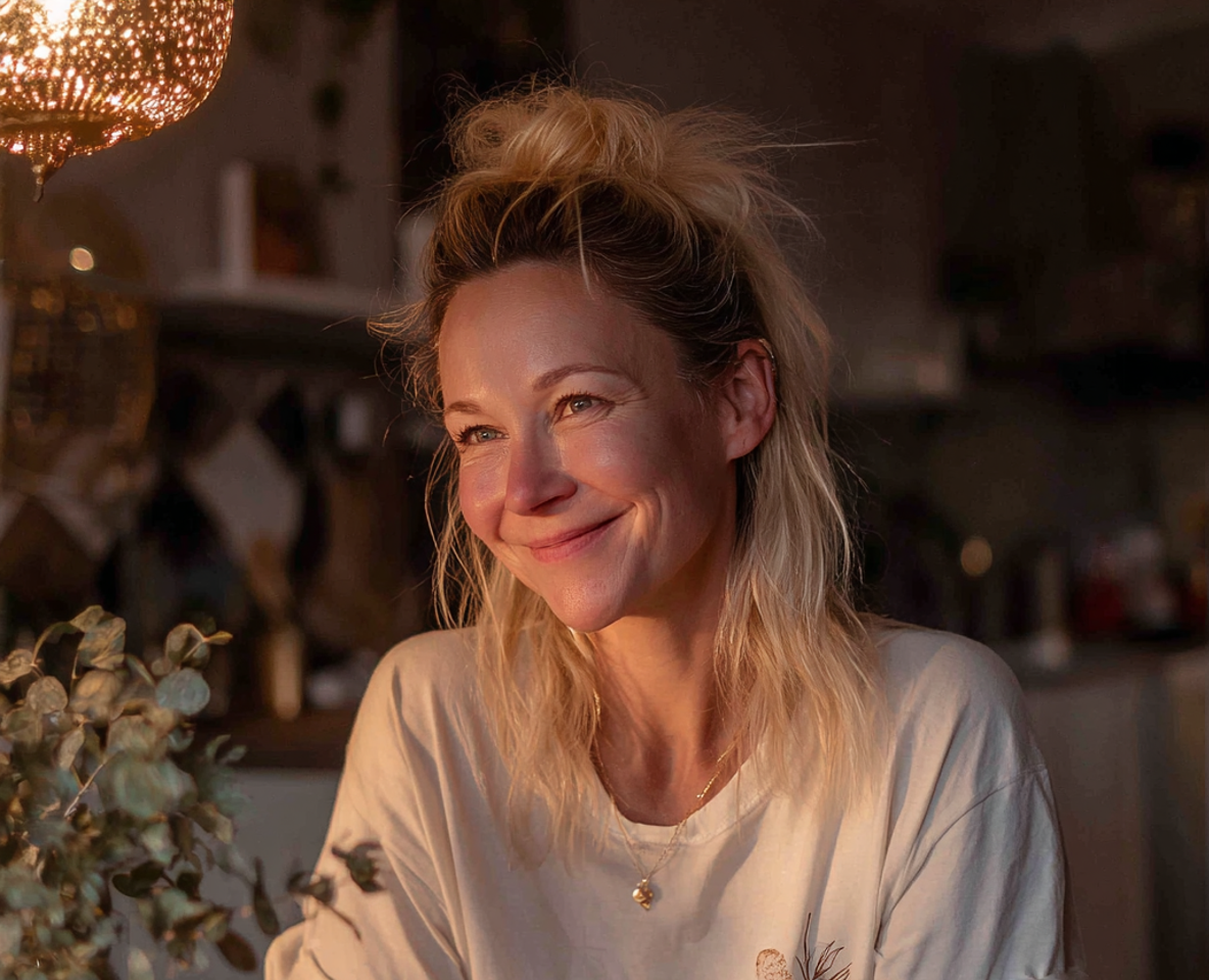 Una mujer sonriente sentada a la mesa del comedor | Fuente: Midjourney