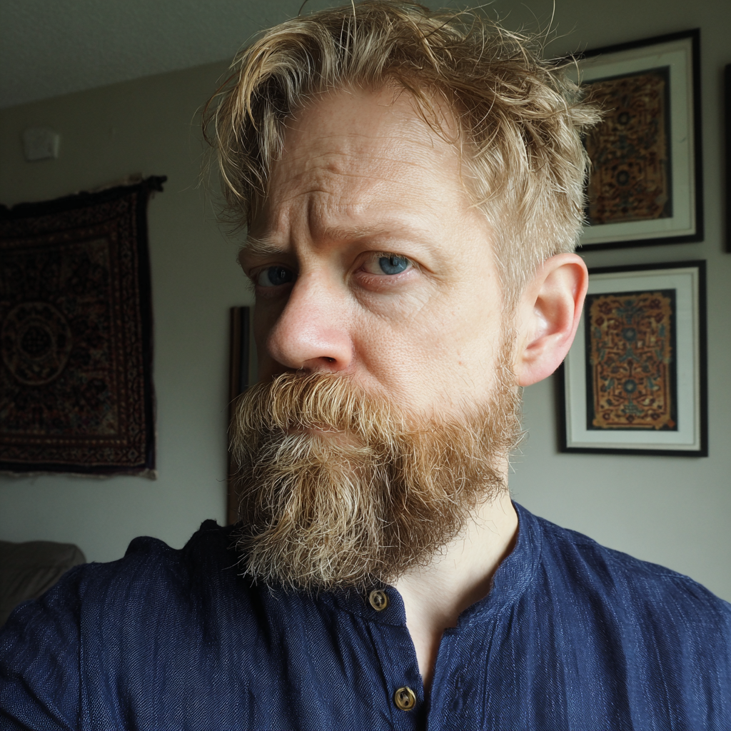 Un hombre con el ceño fruncido que lleva una camisa de lino azul marino | Fuente: Midjourney