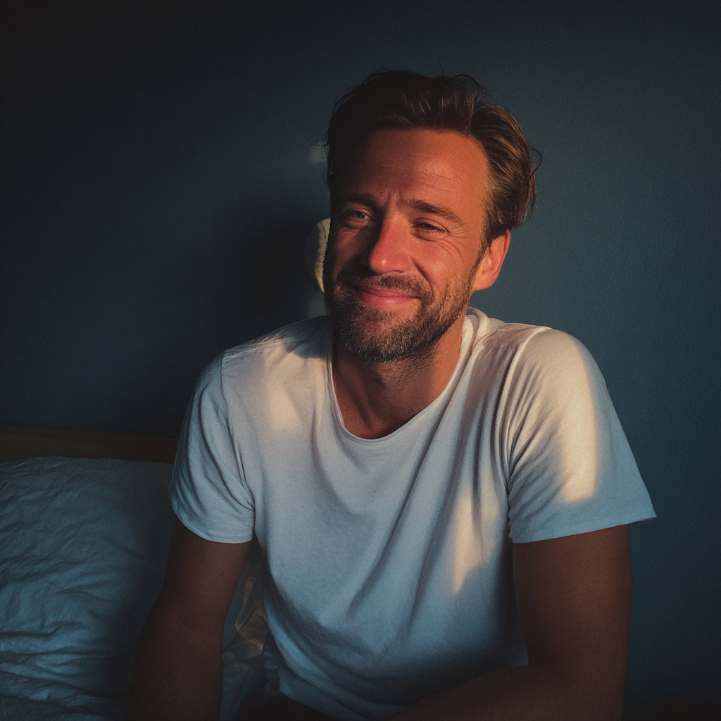 Un hombre sonriente sentado en una cama | Fuente: Midjourney