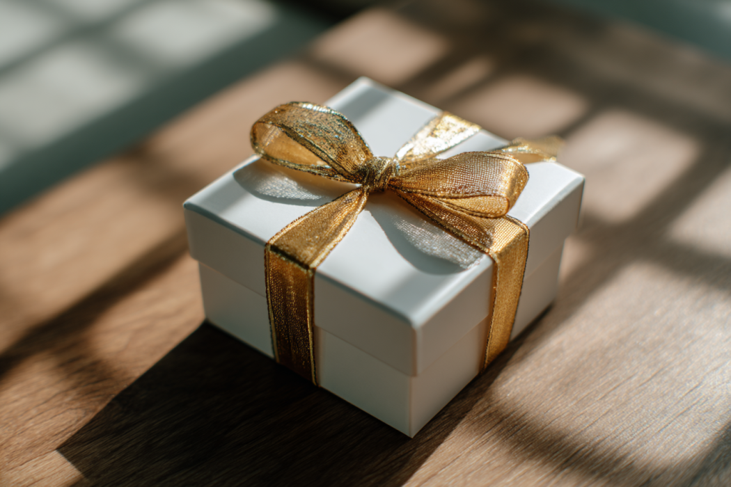 Una elegante caja blanca atada con un lazo dorado | Fuente: Midjourney