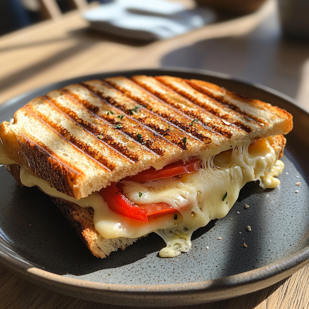Un bocadillo tostado de queso y tomate | Fuente: Midjourney