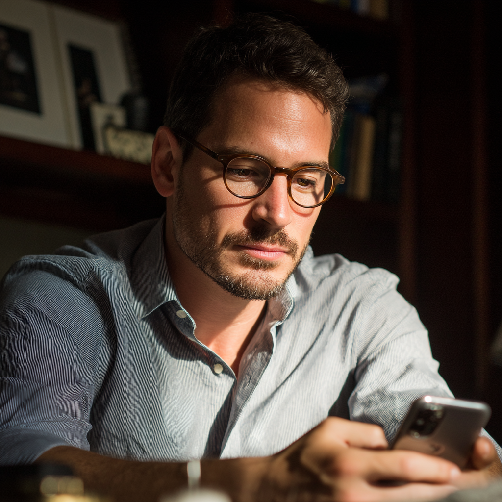 Un hombre sentado en su escritorio y utilizando su teléfono | Fuente: Midjourney