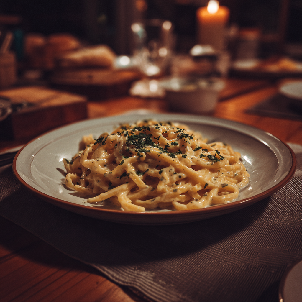 Un plato de pasta sobre una mesa | Fuente: Midjourney