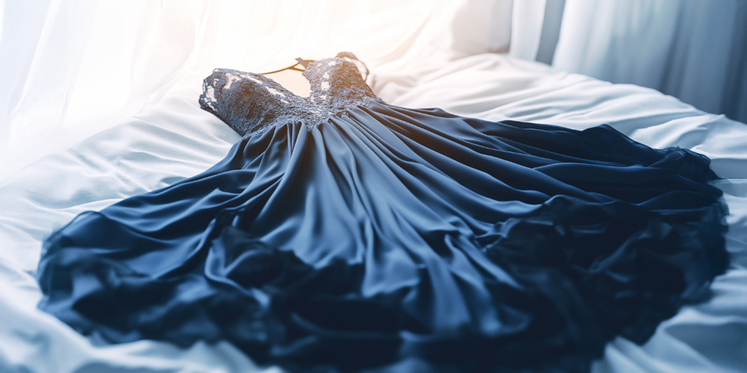 Un vestido de graduación azul noche sobre una cama | Fuente: Barabola