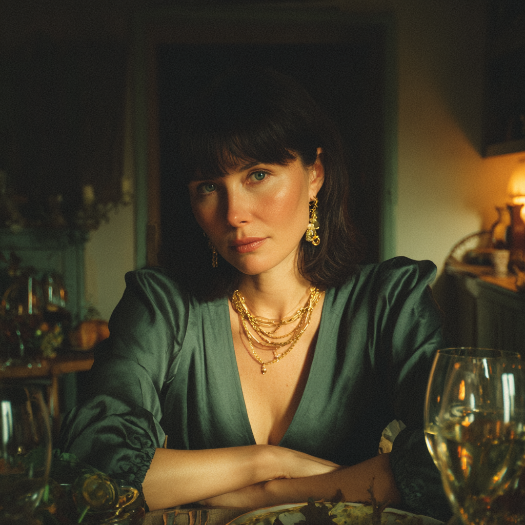 Una mujer pensativa con una blusa verde oscuro | Fuente: Midjourney