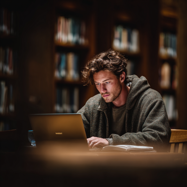 Un hombre trabajando con su portátil en la biblioteca | Fuente: Midjourney
