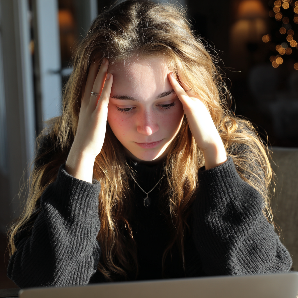 Una adolescente alterada con un jersey negro | Fuente: Midjourney