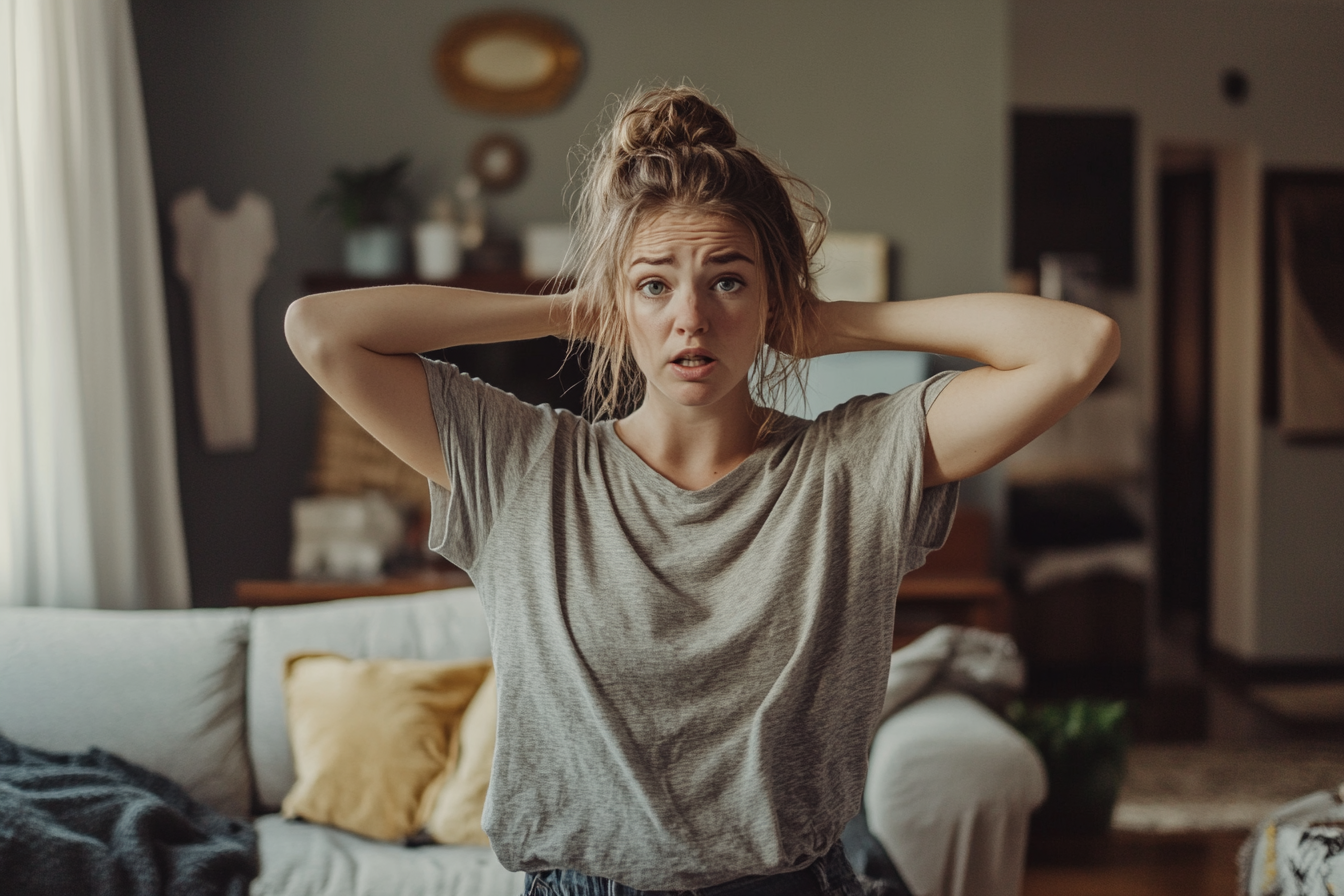 Una mujer en un salón desordenado hablando con alguien | Fuente: Midjourney