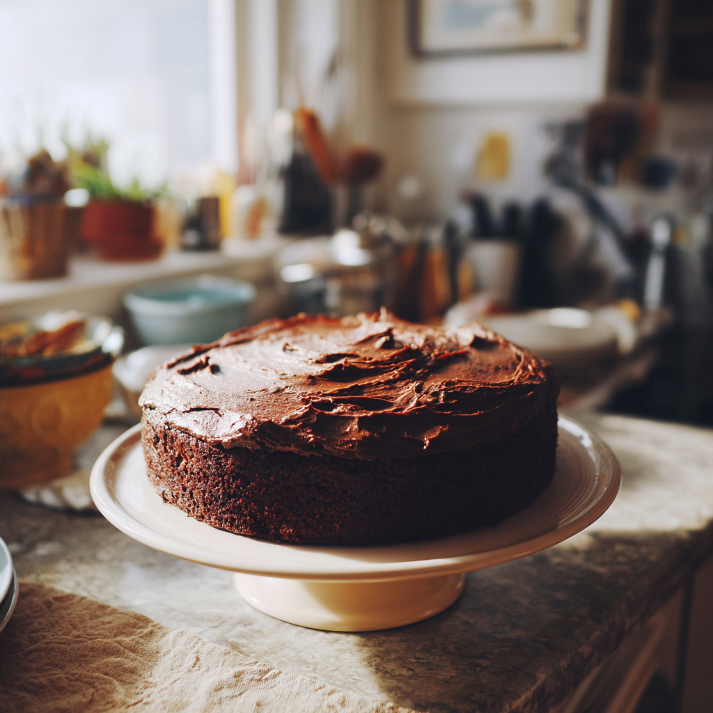 Un pastel de chocolate en la encimera de la cocina | Fuente: Midjourney