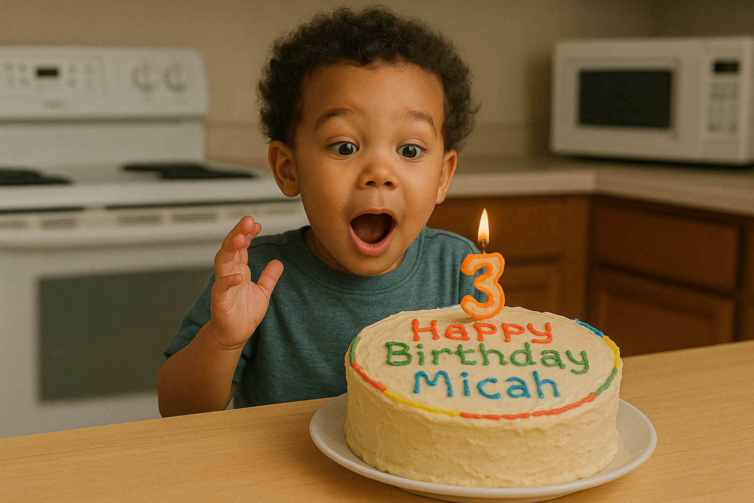 Un niño pequeño mira encantado un Pastel de cumpleaños | Fuente: DALL-E