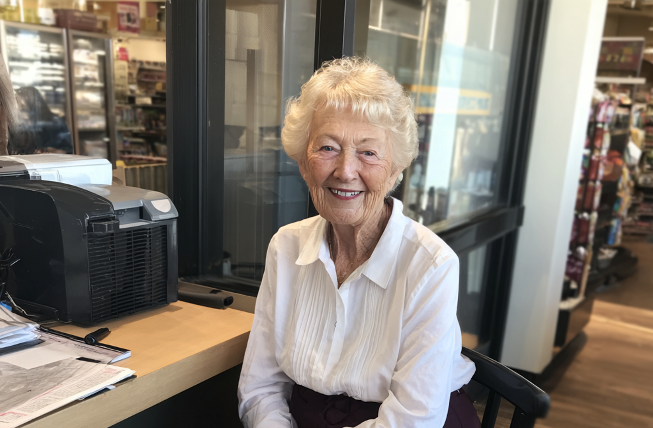 Una anciana sonriente con una camisa blanca | Fuente: Midjourney