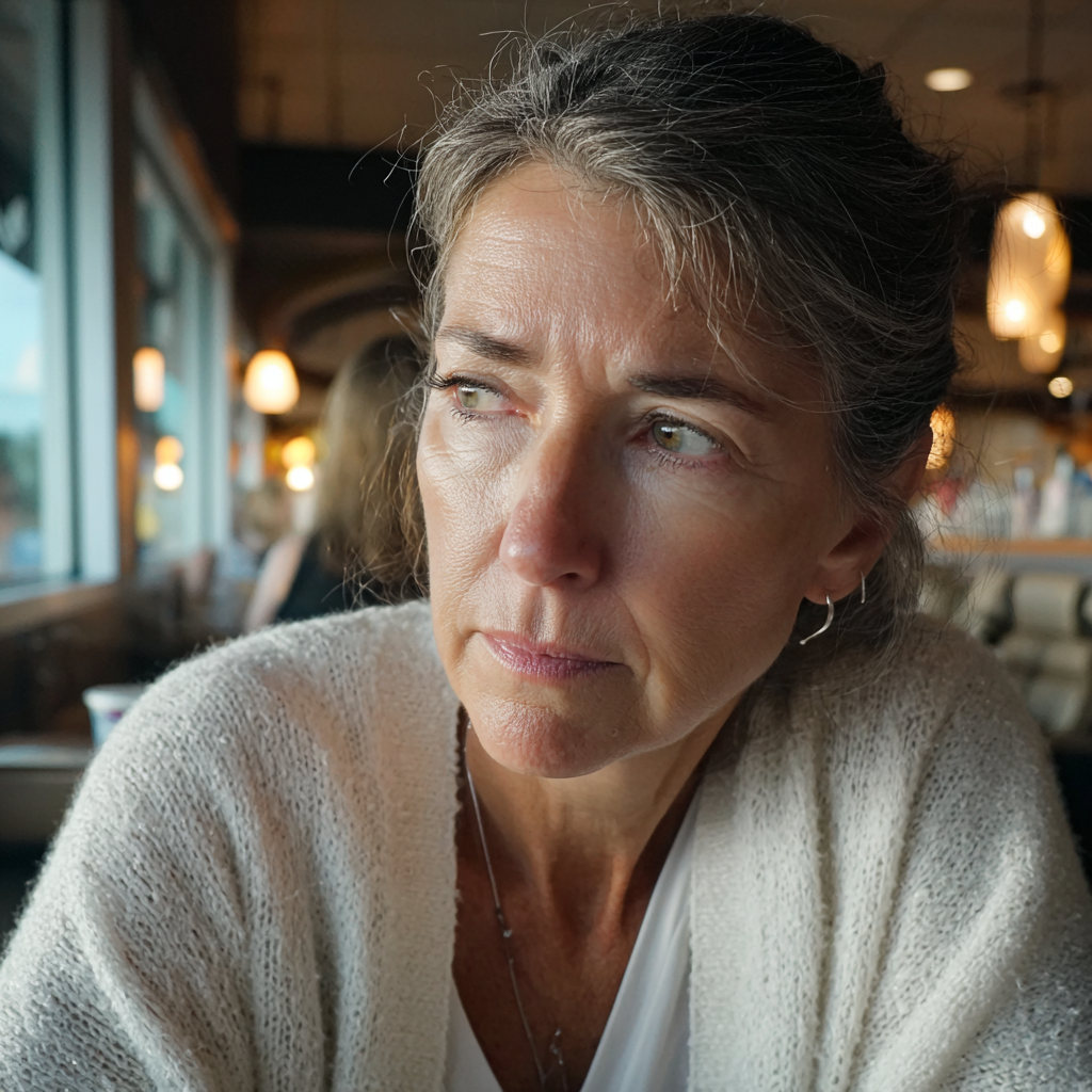 Una mujer mayor sentada en una cafetería | Fuente: Midjourney