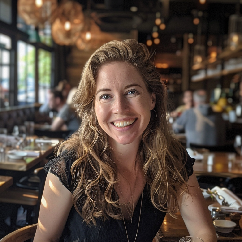 Una mujer sonriente en un restaurante | Fuente: Midjourney