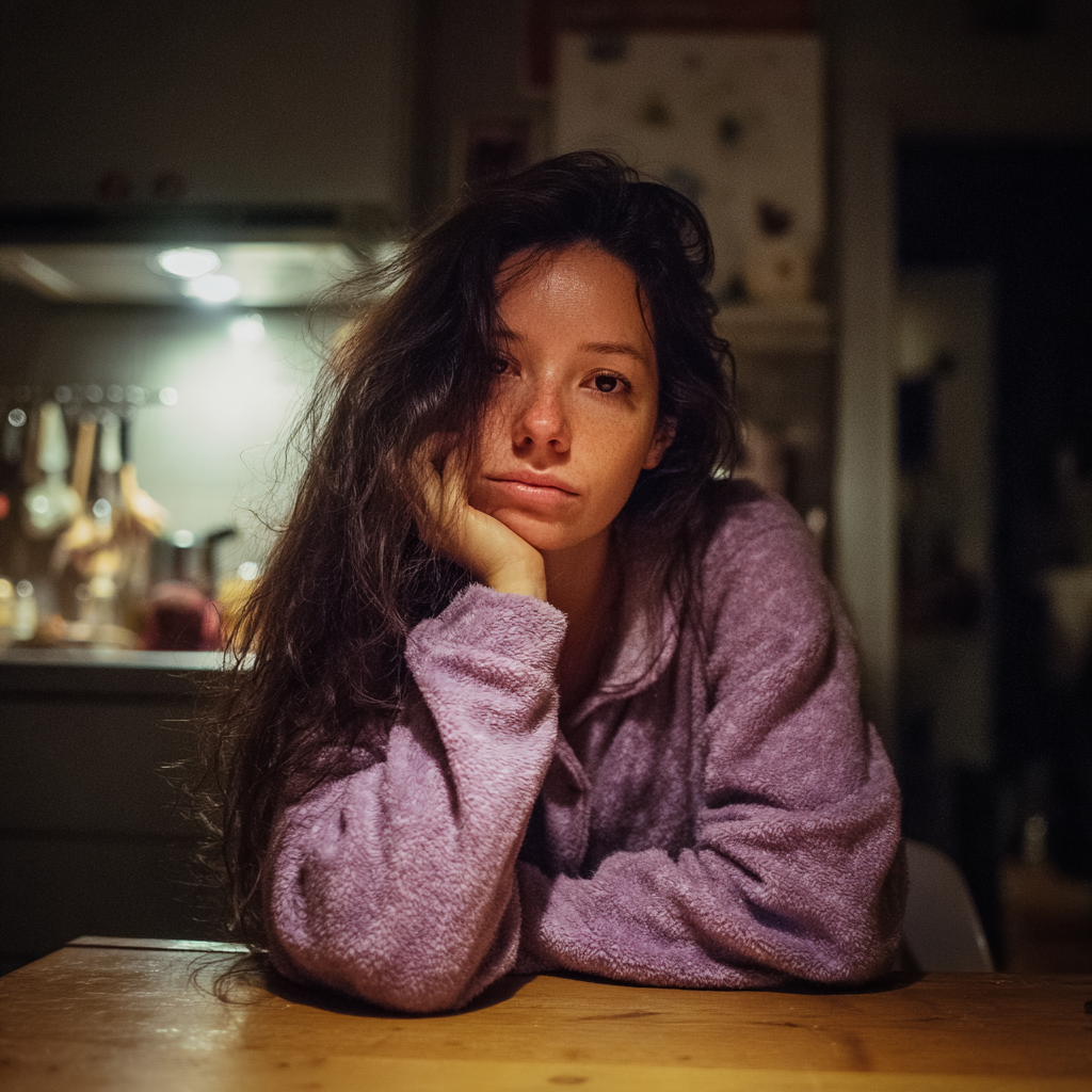 Una mujer emocionada sentada a la mesa de la cocina | Fuente: Midjourney
