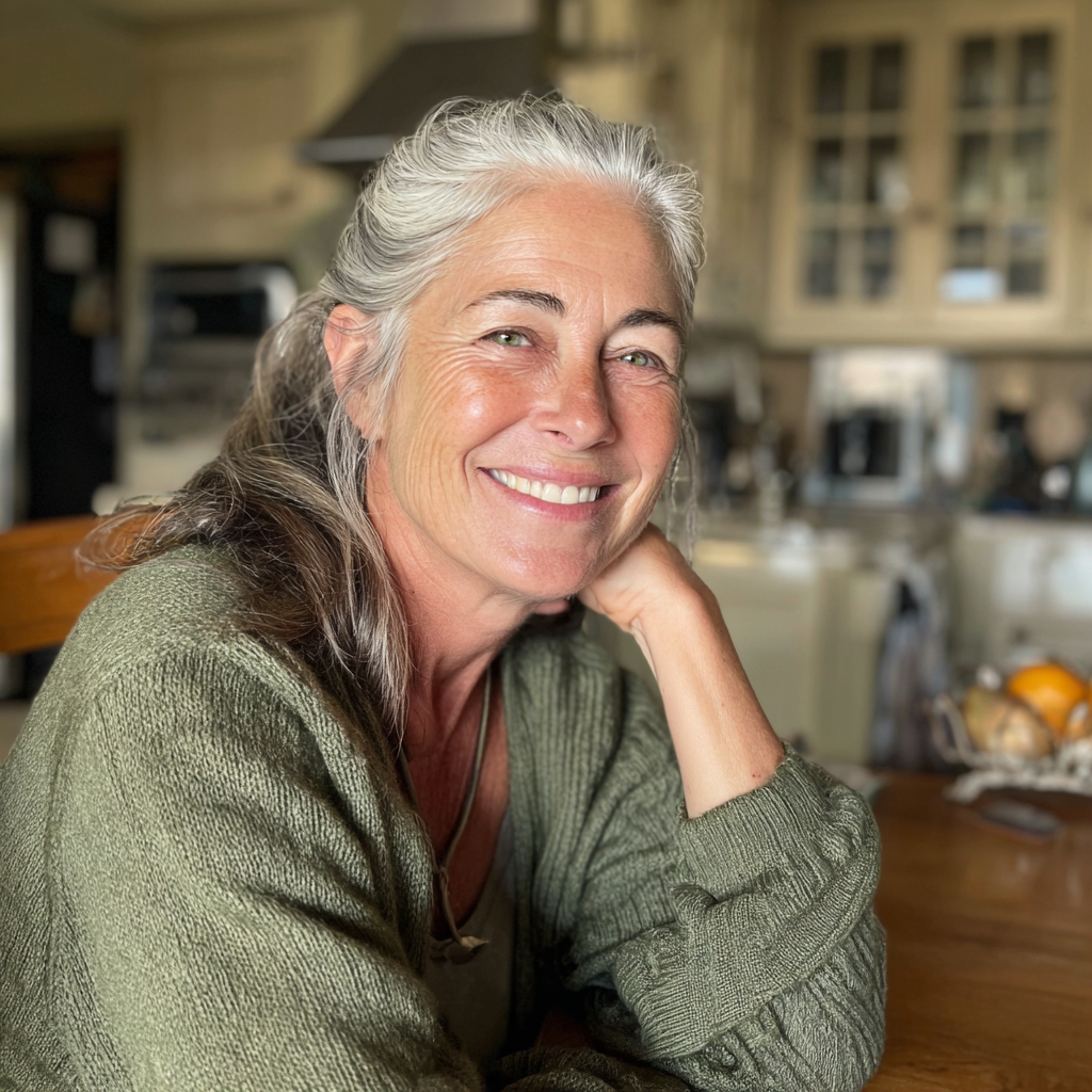 Una mujer sonriente sentada a una mesa | Fuente: Midjourney