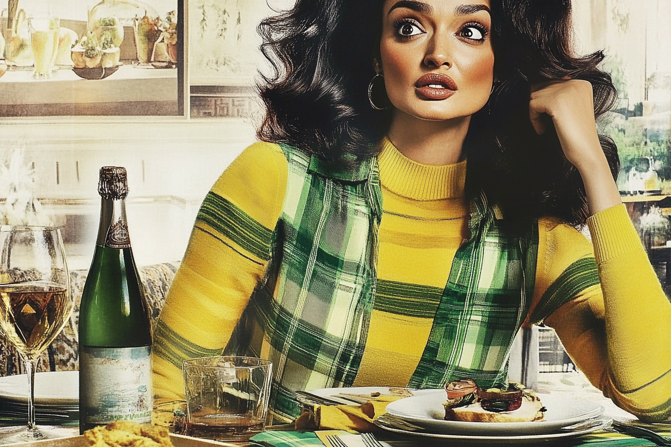 Una mujer en una mesa de comedor con cara de sorpresa | Fuente: Midjourney