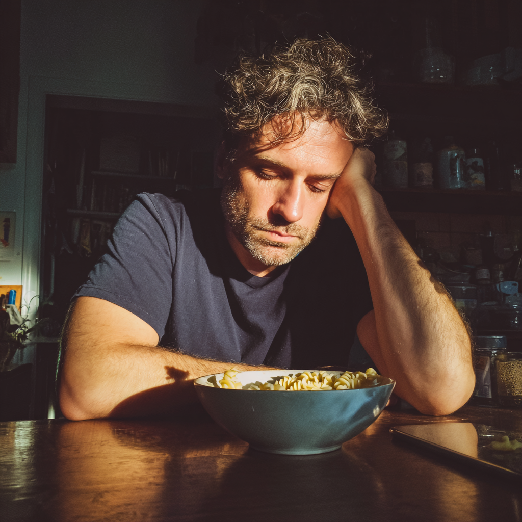 Un hombre sentado en una mesa con la mano en la cabeza | Fuente: Midjourney