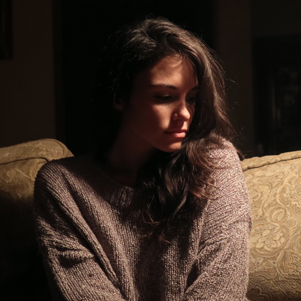 Una mujer pensativa sentada en un sofá | Fuente: Midjourney